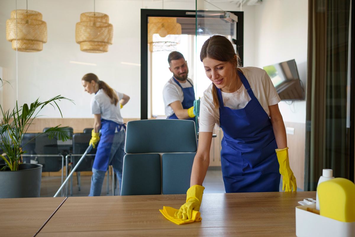 Cleaning team wiping tables and floors in a meeting room