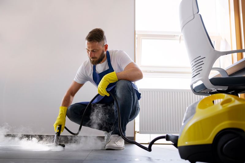 Cleaner steam-cleaning a floor